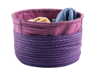 Purple laundry basket with folded towels inside. Ideal for home organization and storage solutions. Clean and tidy interior.