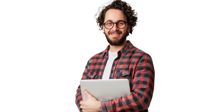 portrait of a man holding a laptop isolated on transparent background, software engine cut out