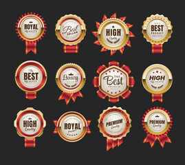 Set of Gold Seal Labels Collection ribbon, Golden luxury labels, gold premium quality certificate emblems badges, Luxury VIP and premium quality sticker tags and banners best product seals with golden
