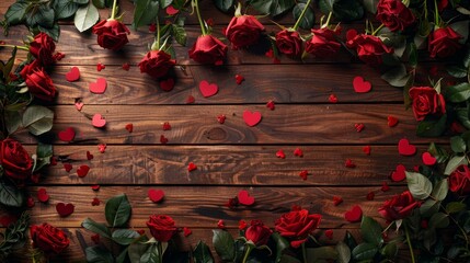 Top down perspective of a Valentine's Day wooden table, decorated with red roses and heart cutouts, banner texture with copy space for text or product placement