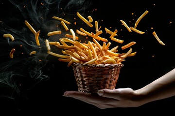  French fries - French fries flying out of basket in hand, flying fast food isolated on black background 