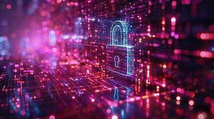 Fototapeta premium Digital image of the lock. The concept of aesthetic security. Big data flow. Modern data safety backdrop. Generative AI