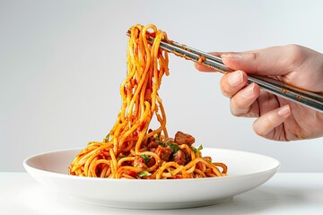Eating pasta or spaghetti. Hand holds folk whee eating pasta Spicy Thai basil pork pasta on white dish with white background