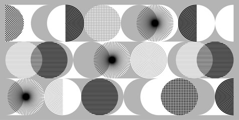 Modern abstract background pattern design geometric shapes halftone line radial textures. Minimalistic geometric pattern in Scandinavian style. Trendy vector graphic elements for your unique design