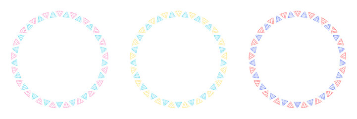 手書きの三角模様の円形フレームセット、水彩の夏カラー