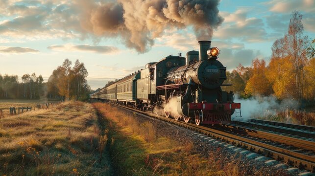 Vintage steam train with ancient locomotive and old carriages runs on the tracks in the countryside
