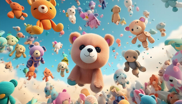 una pioggia di peluches che cade dal celo 