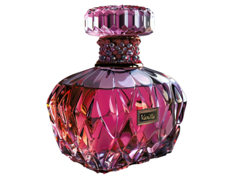 A glamorous pink perfume bottle with a sparkling diamond-encrusted stopper.