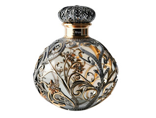 Elegant perfume bottle with intricate gold and silver filigree design.  A luxurious and sophisticated statement piece.