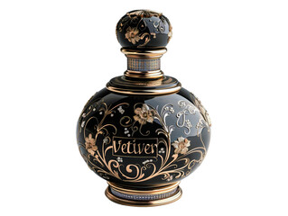 A luxurious black and gold perfume bottle with an ornate design and the word "Vetiver" prominently displayed.