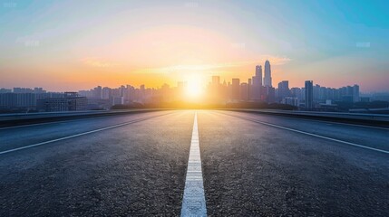 Obraz premium Urban Sunset Road: Majestic City Skyline with Open Asphalt Foreground and Blue Sky Sun Flare - Ideal Advertising Backdrop