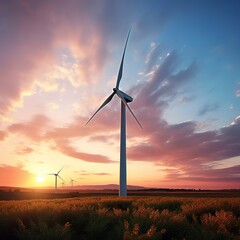 Obraz premium photo of a wind turbine against a vibrant sunset sky.