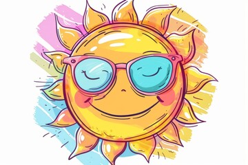 Cartoon cute doodles of a smiling sun wearing sunglasses, Generative AI