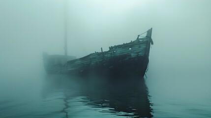 wooden ship sinking in misty sea