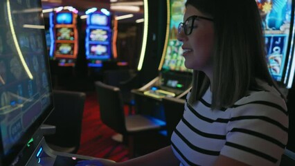 A young woman engages with a slot machine at a lively casino, epitomizing entertainment and nightlife.
