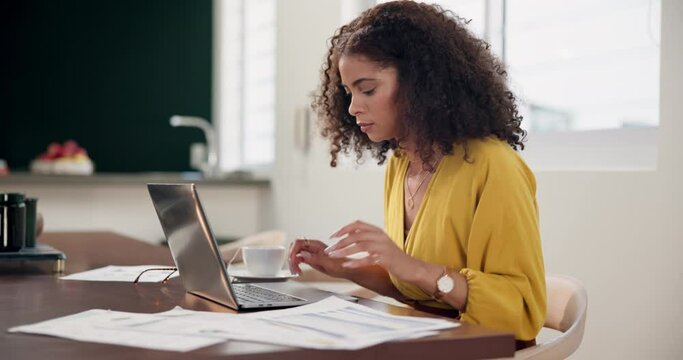 Business, woman and writing on document for remote work with paperwork, freelance project and copywriting. Entrepreneur, employee and creative research with proposal, blog editing and online planning