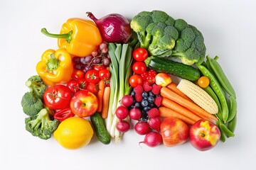 A colorful assortment of fruits and vegetables, including apples, oranges