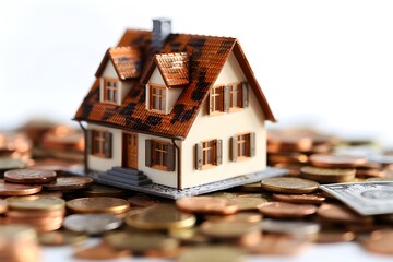 House model and pile of coins, real estate concept
