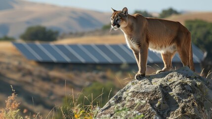 Obraz premium A mountain lion surveys their territory from atop a rock with a solar panel in the background as a testament to sustainable progress.