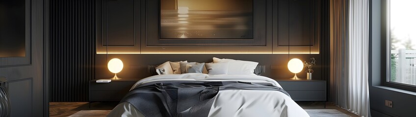 Minimalist bedroom with large bed, dark gray wall panel art, and warm neutral lighting