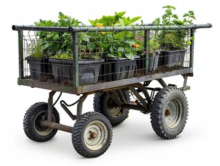 Garden cart filled with potted plants ready for transportation in a backyard or farm setting, perfect for gardening enthusiasts, white background