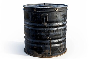 Rustic black metal barrel with lid isolated on white background. Industrial container, weathered surface, outdoor storage, white background
