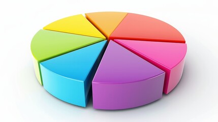 Professional 3D pie chart, each segment in a different bright color, set against a white flat background, clear text space, clean and sleek design