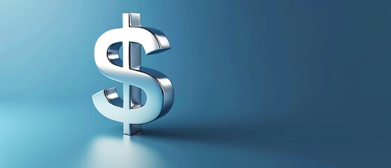 Obraz premium Polished metallic 3D dollar symbol, set on a blue flat background, sharp and clean presentation, text area included on the left