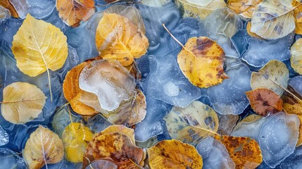 Frozen Water Winter Ice Scheme and Autumn Aspen Leaves