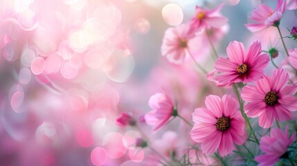 Pink flowers in the background with an empty space, perfect for adding text or greeting card design, soft focus, serene and inviting