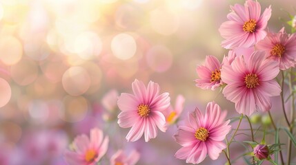 Fototapeta premium Pink flowers in the background with an empty space, perfect for adding text or greeting card design, soft focus, serene and inviting