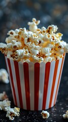 Striped bucket full of popcorn