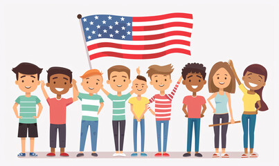 Obraz premium Smiley people with American flag celebrating patriotism and unity. Suitable for 4th of July celebrations and American culture events.