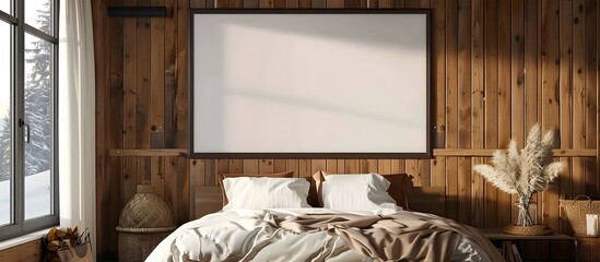 3D rendering of a large blank picture frame on a wall in a bedroom with wooden walls and a bed