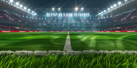 Vibrant illuminated soccer stadium with a green pitch at night, highlighting the perfect football field and glowing floodlights.
