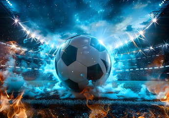 Fototapeta premium Dynamic soccer ball in a vibrant stadium setting, surrounded by flames and blue smoke, highlighting the intensity and excitement of the game.