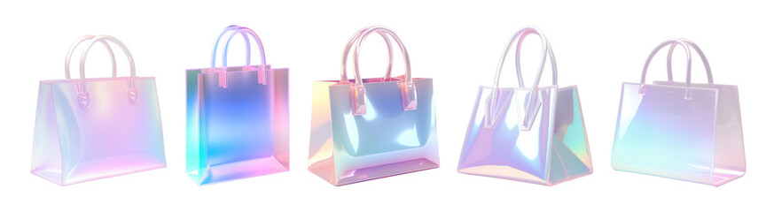 3d Holographic shopping bags png element set on transparent background