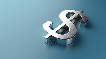Obraz premium Metallic 3D dollar sign on a blue flat background, crisp and clean design, text area on the left side for added clarity