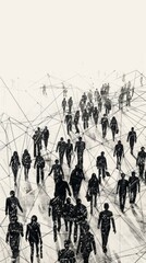 Obraz premium Large group of simple people shapes connected by lines 