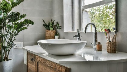 Fototapeta premium White Sink With Chrome Faucet in stylish interior of living room