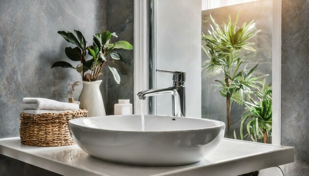 White Sink With Chrome Faucet in stylish interior of kichen