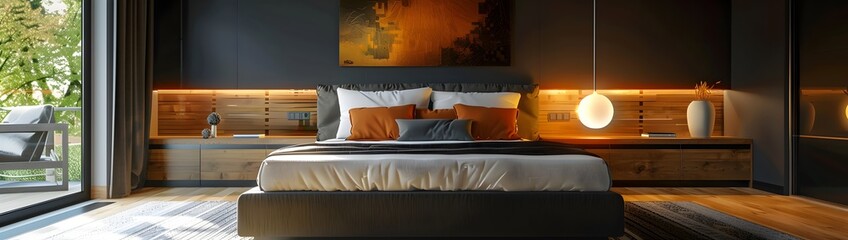 Modern bedroom interior with bed, night stand and decorative painting on the wall