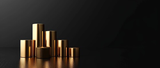 Obraz premium Gold 3D bar graph with minimal shadow, set against a flat black background, elegant design, ample text space for advertising, modern and sleek