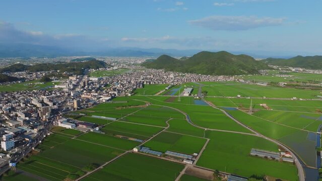 晴天の初夏、高知市五台山上空からのぞむ、高知市街ドローン空撮