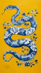 Obraz premium A blue and white porcelain snake, traditional Chinese pattern, yellow background, graceful curves, New Year, mural, decorative painting, Spring Festival, Year of the Snake, zodiac, animal, high-defini