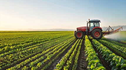 Obraz premium Farming tractor spraying plants in a field