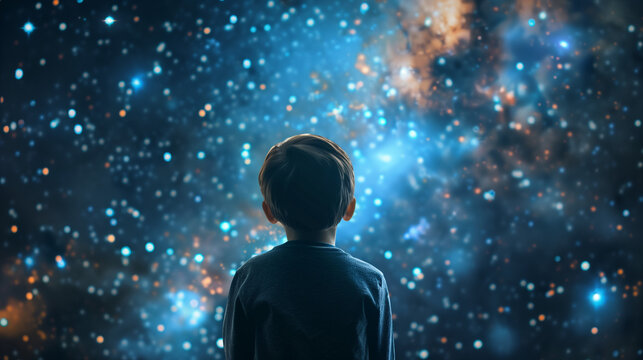 The boy looks at the endless starry sky, stars and galaxies, dreams and gets inspired. Concept of children's dreams