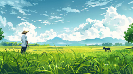 Fototapeta premium A farmer standing in a lush green rice field, observing a serene landscape with a distant cow under a bright sky.