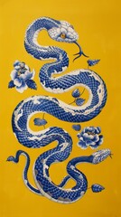 Obraz premium A blue and white porcelain snake, traditional Chinese pattern, yellow background, graceful curves, New Year, mural, decorative painting, Spring Festival, Year of the Snake, zodiac, animal, high-defini