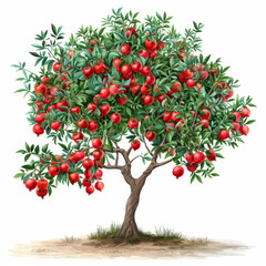 Illustration of a lush pomegranate tree laden with ripe, red fruits, depicted against a neutral background.